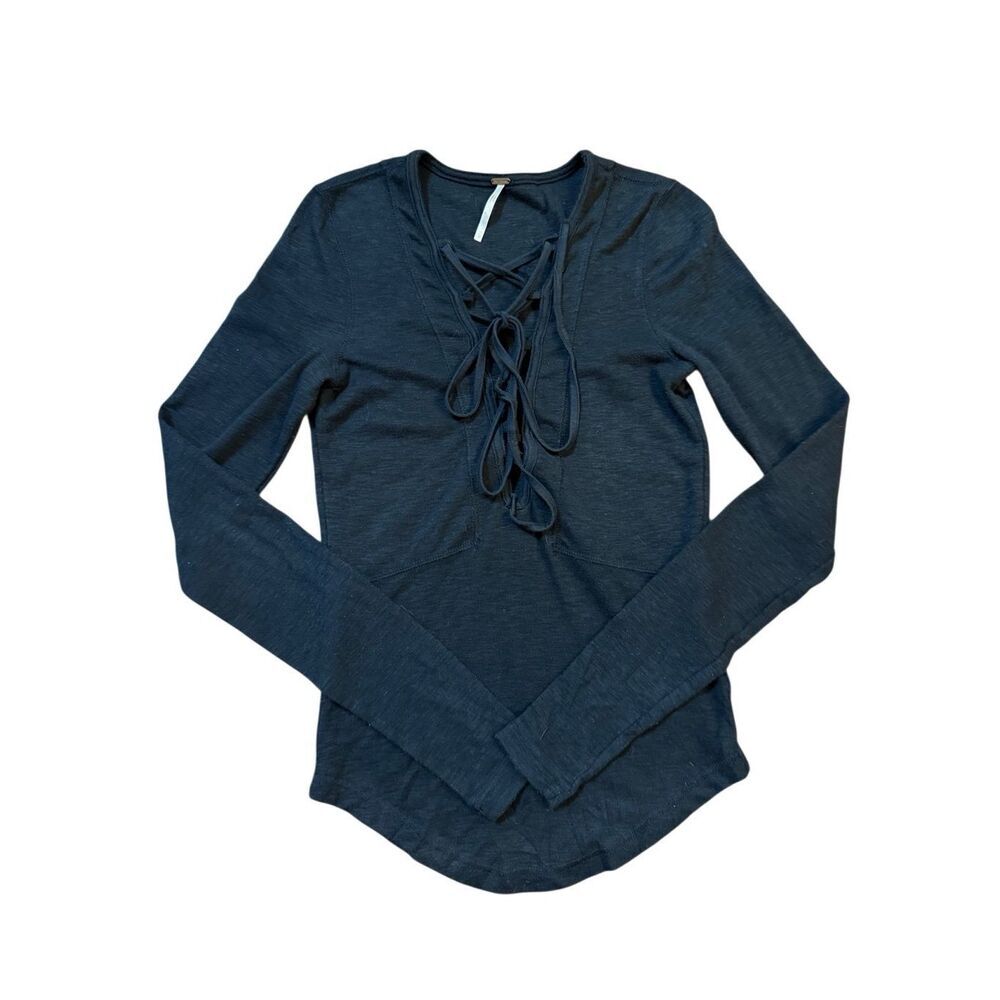 Free People Lucky Lace Up Deep V-Neck Long Sleeve Shirt Top Henley Thermal Sz XS